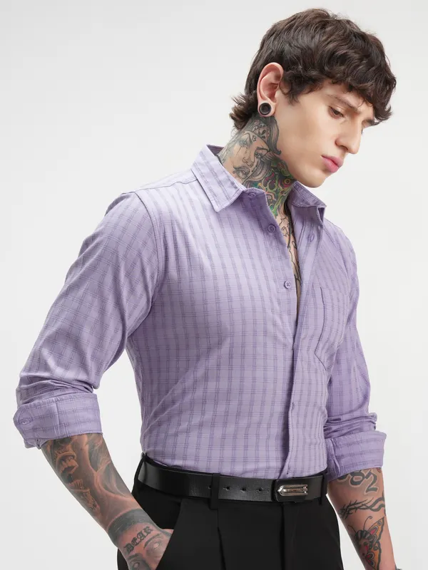 Highlander Men Lavender Self Design Slim Fit Casual Shirt