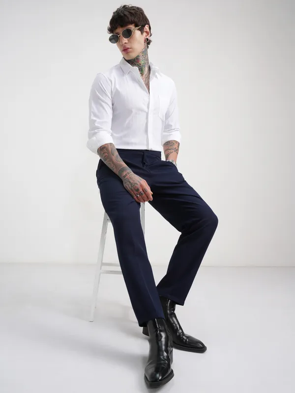 Highlander Men White Self Design Slim Fit Casual Shirt