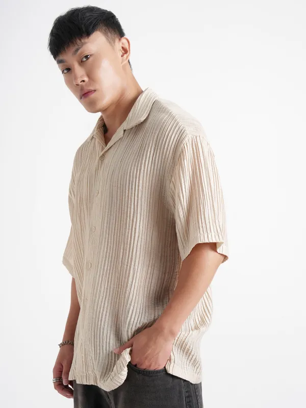 Highlander Men Cream Crushed Relaxed Fit Casual Shirt