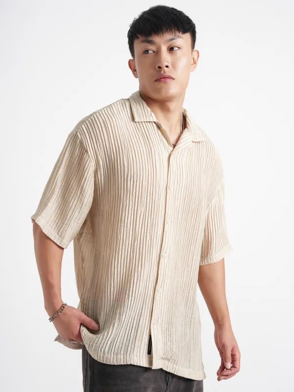 Highlander Men Cream Crushed Relaxed Fit Casual Shirt