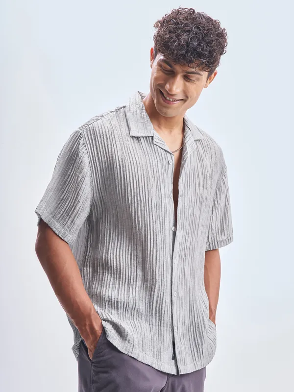 Highlander Men Grey Crushed Relaxed Fit Casual Shirt