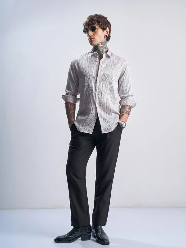 Highlander Men White Striped Slim Fit Casual Shirt