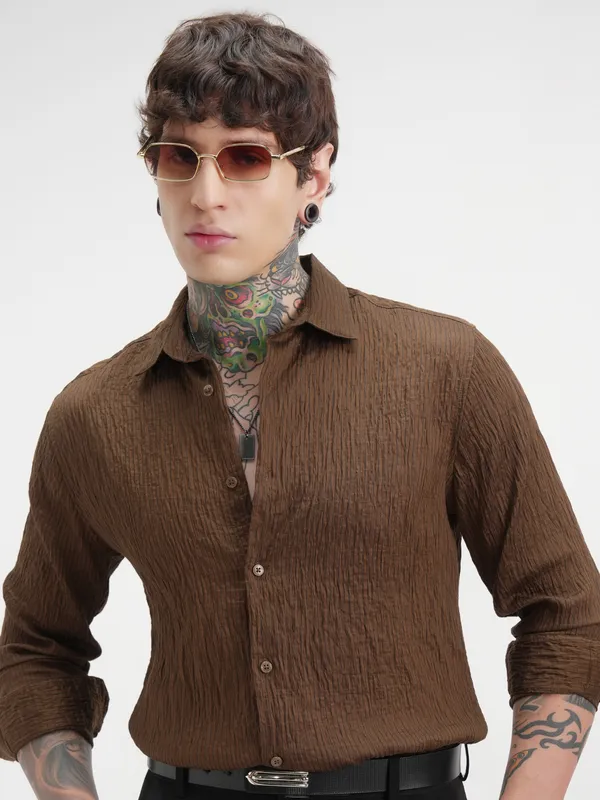 Highlander Men Brown Self Design Slim Fit Casual Shirt