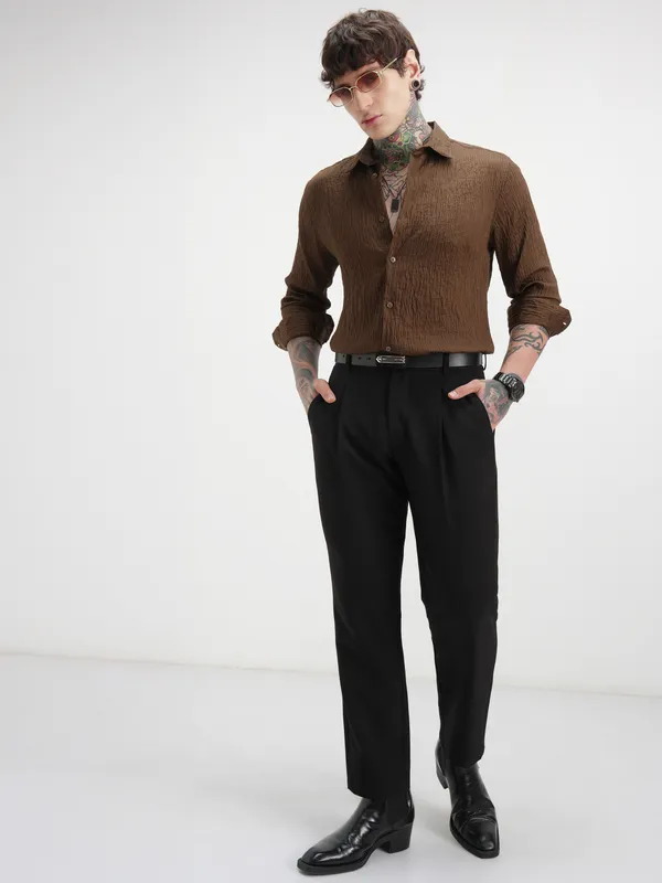 Highlander Men Brown Self Design Slim Fit Casual Shirt