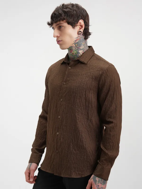 Highlander Men Brown Self Design Slim Fit Casual Shirt