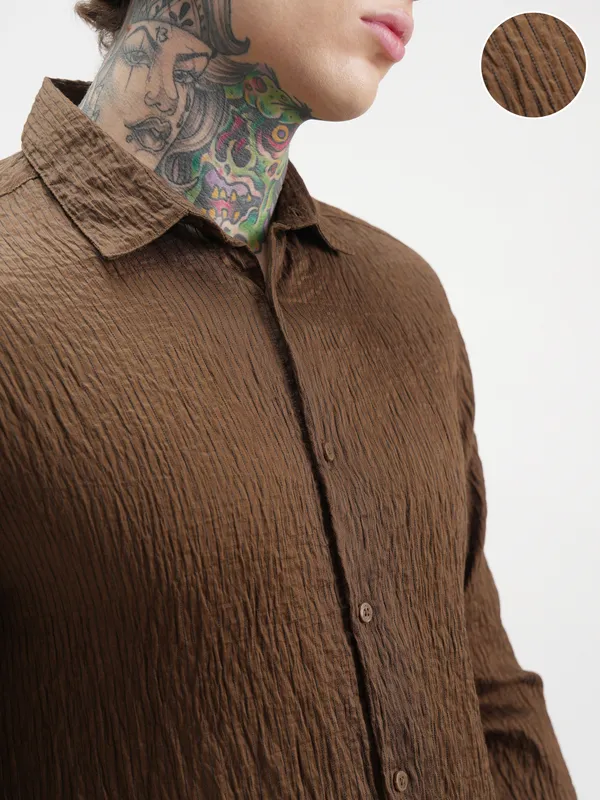 Highlander Men Brown Self Design Slim Fit Casual Shirt