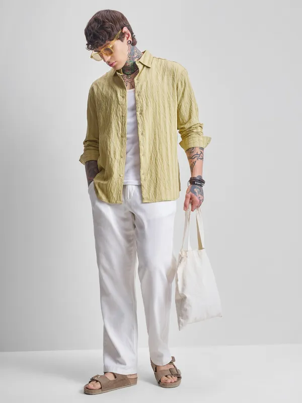 Highlander Men Yellow Self Design Relaxed Fit Casual Shirt