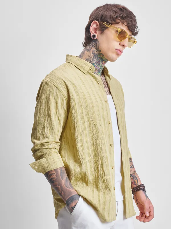 Highlander Men Yellow Self Design Relaxed Fit Casual Shirt