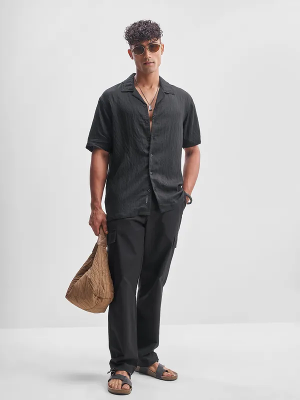 Highlander Men Black Self Design Relaxed Fit Casual Shirt