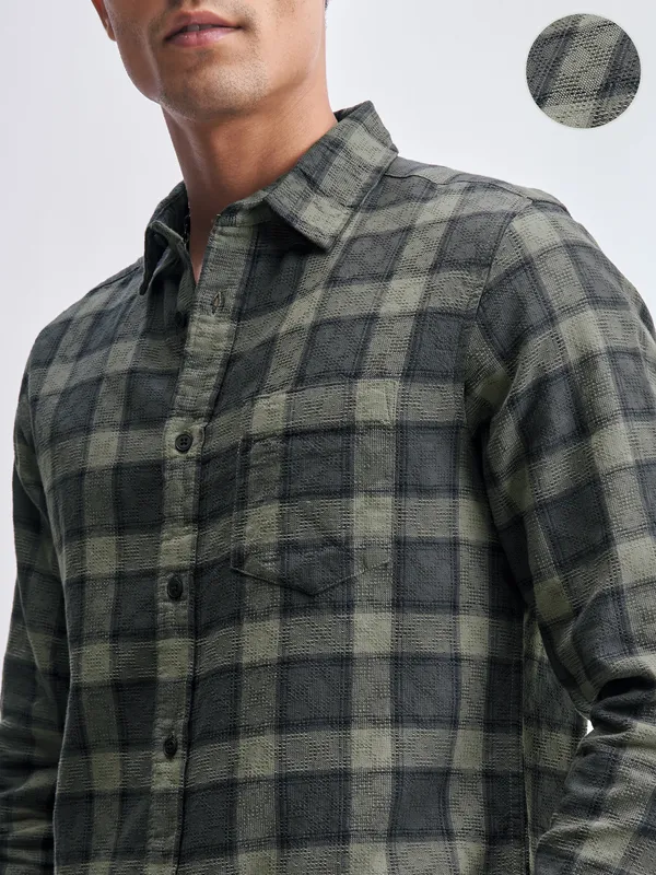 Highlander Men Olive Checked Slim Fit Casual Shirt