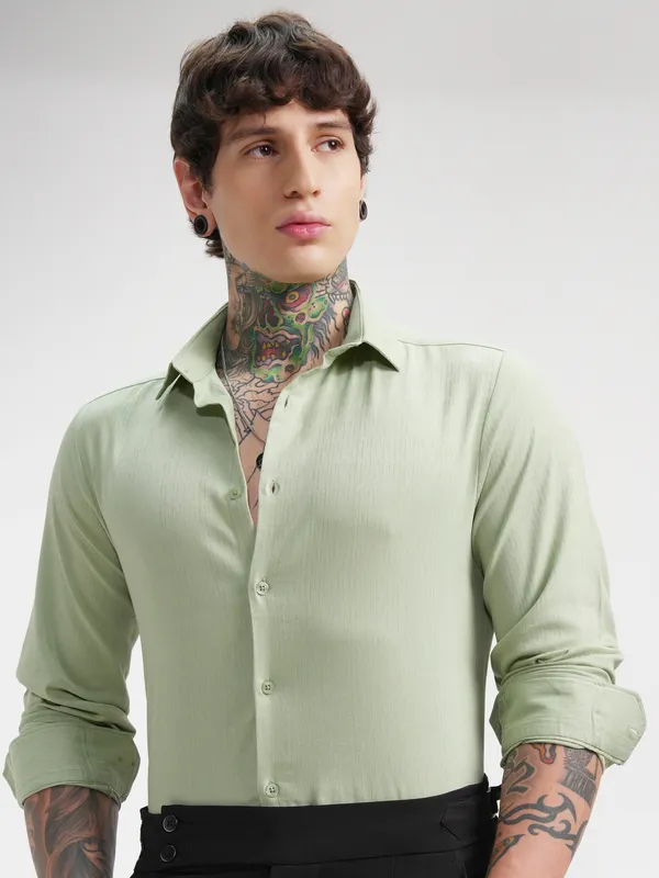 Highlander Men Green Self Design Slim Fit Casual Shirt