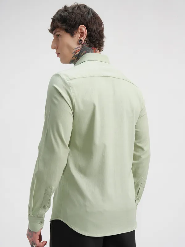 Highlander Men Green Self Design Slim Fit Casual Shirt