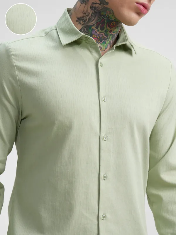 Highlander Men Green Self Design Slim Fit Casual Shirt