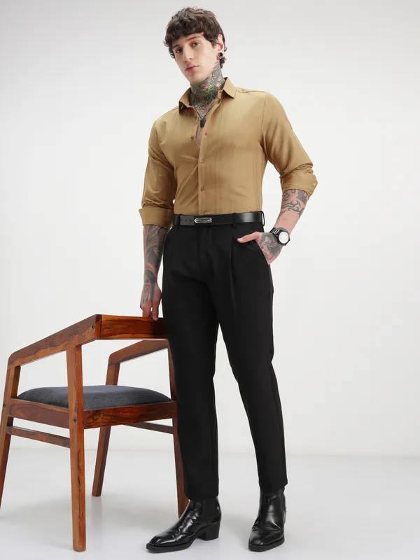 Highlander Men Mustard Self Design Slim Fit Casual Shirt