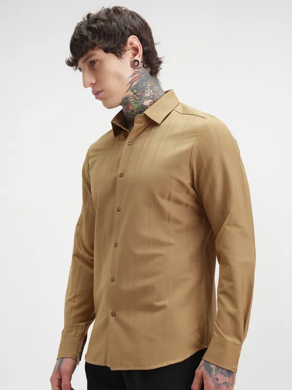 Highlander Men Mustard Self Design Slim Fit Casual Shirt