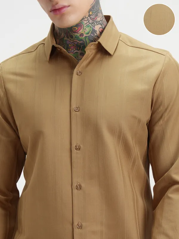 Highlander Men Mustard Self Design Slim Fit Casual Shirt