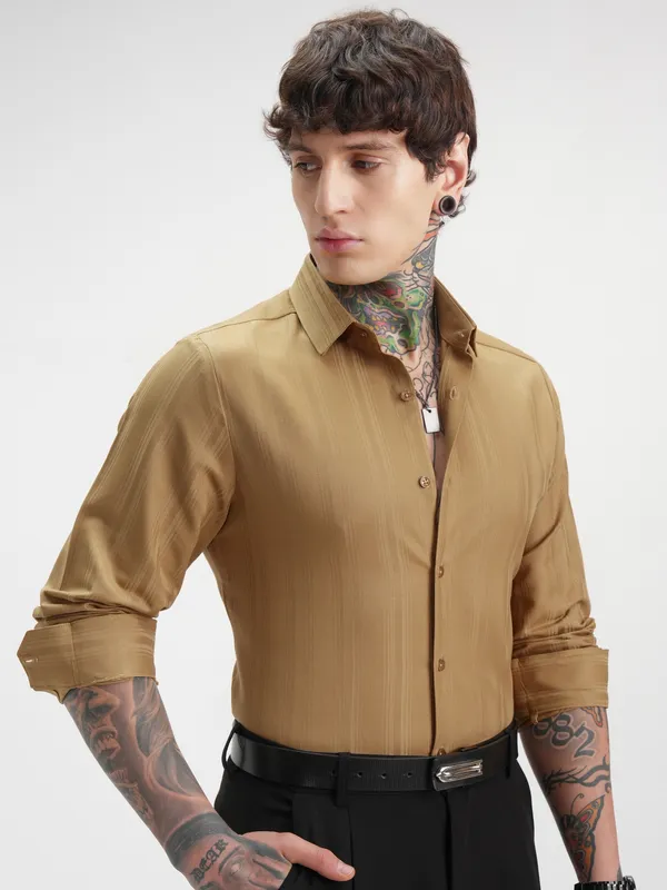 Highlander Men Mustard Self Design Slim Fit Casual Shirt