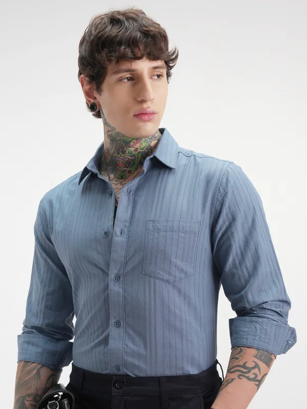 Highlander Men Blue Self Design Relaxed Fit Casual Shirt