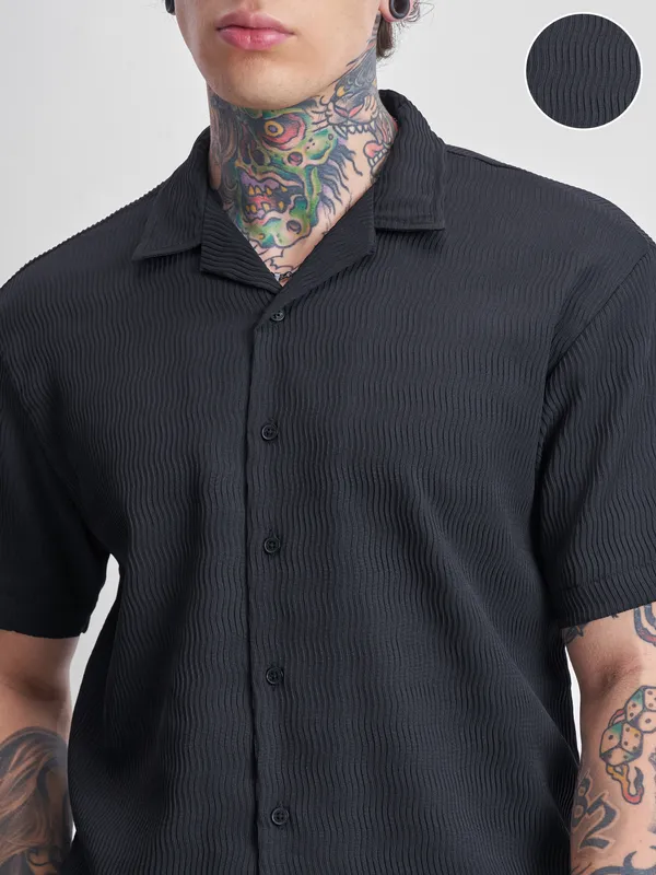 Highlander Men Black Self Design Relaxed Fit Casual Shirt