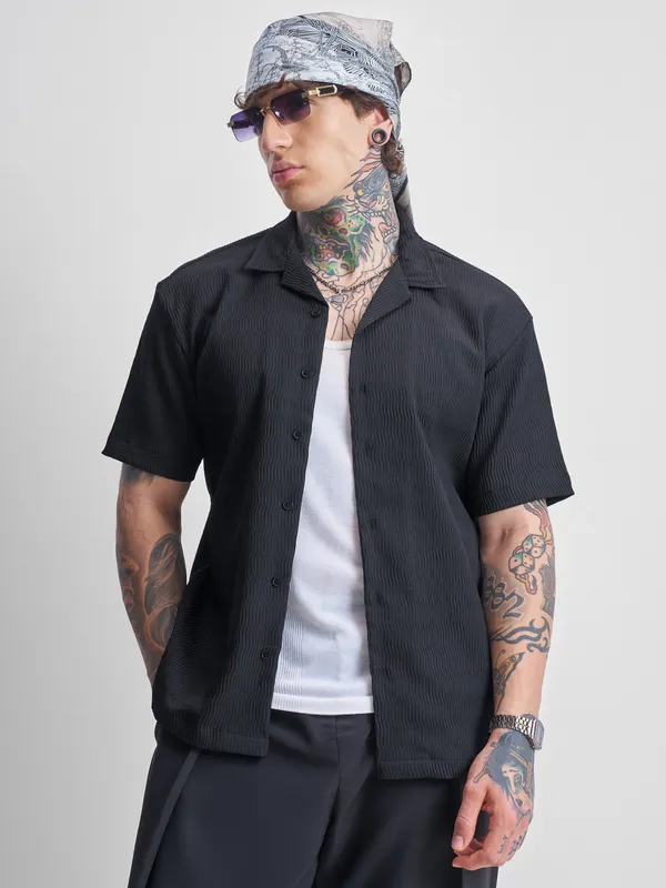 Highlander Men Black Self Design Relaxed Fit Casual Shirt