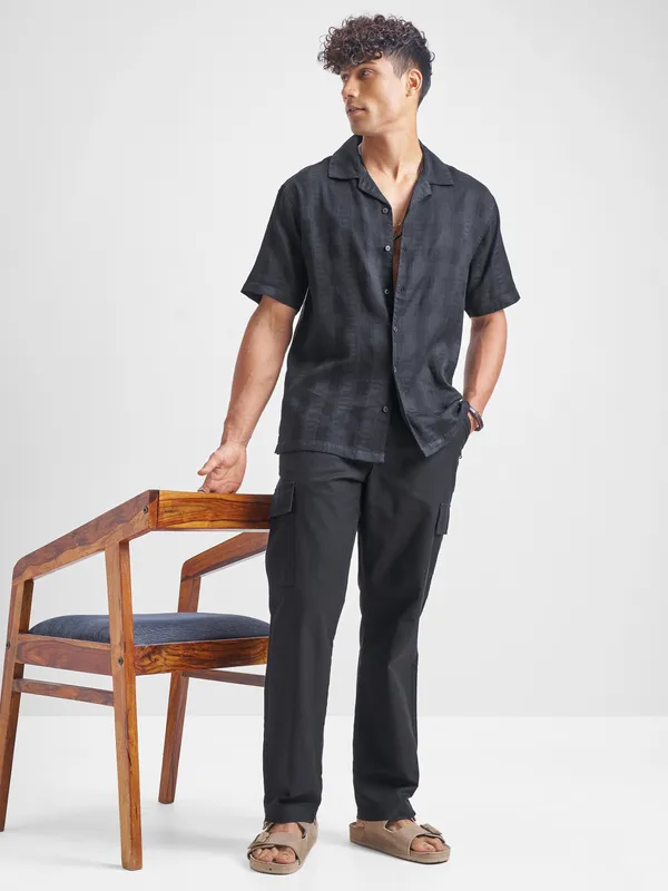 Highlander Men Black Self Design Relaxed Fit Casual Shirt