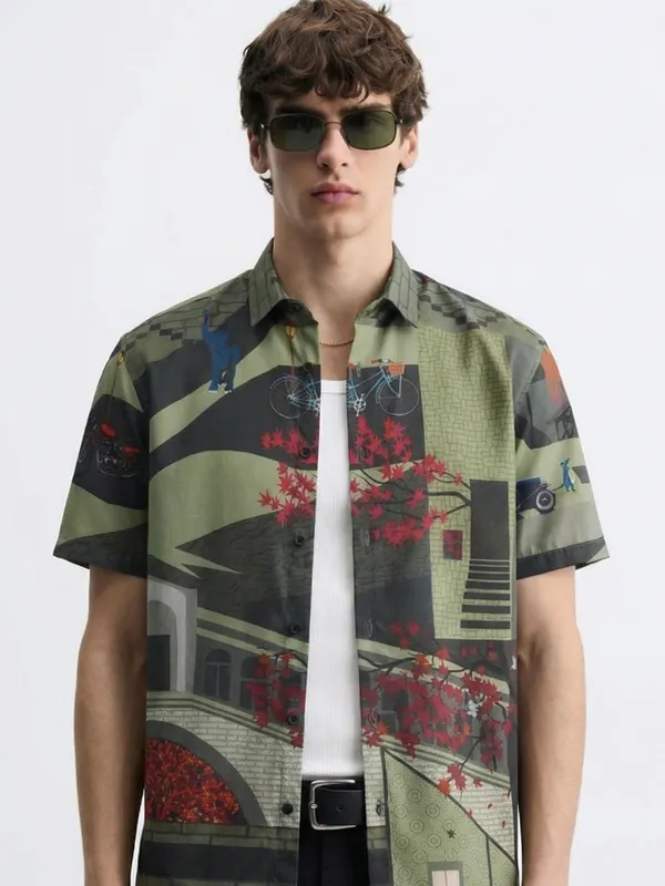 Highlander Men Green Printed Relaxed Fit Casual Shirt