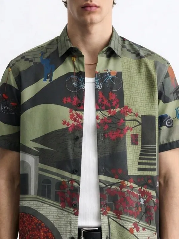 Highlander Men Green Printed Relaxed Fit Casual Shirt