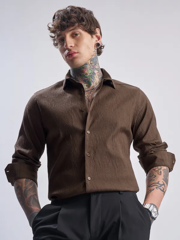 Highlander Men Brown Self Design Slim Fit Casual Shirt