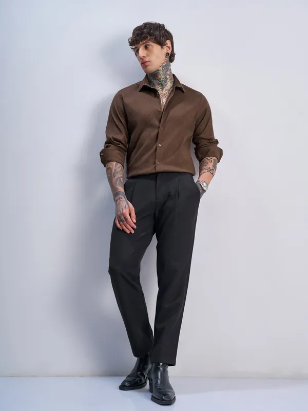 Highlander Men Brown Self Design Slim Fit Casual Shirt