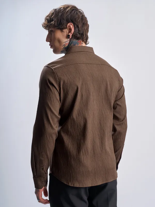 Highlander Men Brown Self Design Slim Fit Casual Shirt