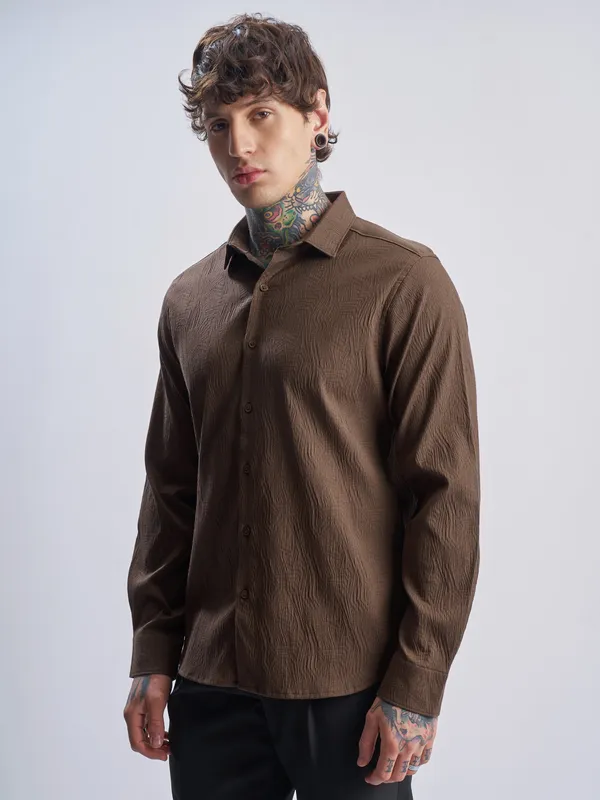 Highlander Men Brown Self Design Slim Fit Casual Shirt