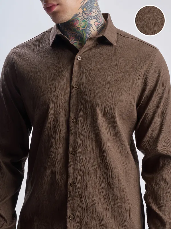 Highlander Men Brown Self Design Slim Fit Casual Shirt