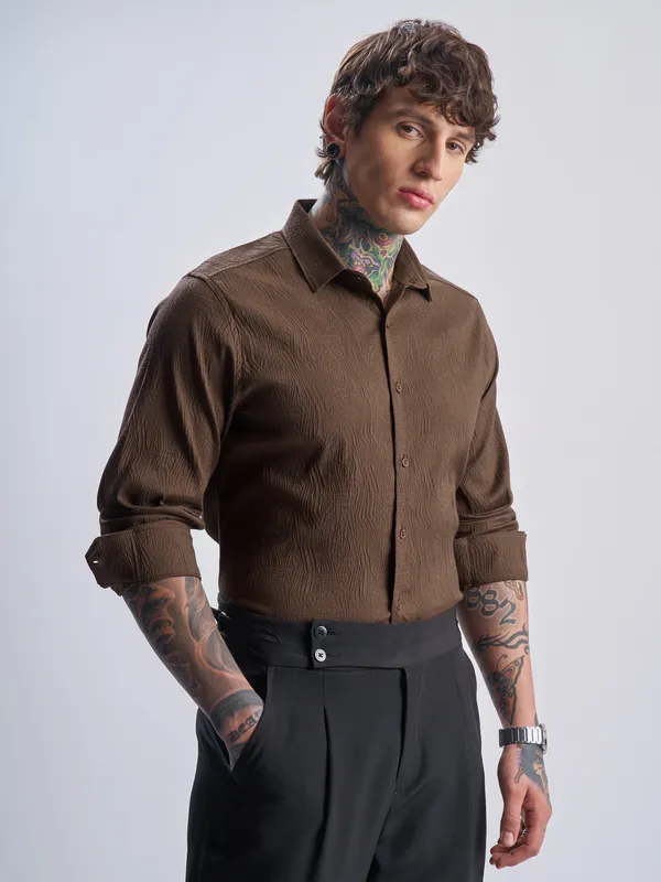 Highlander Men Brown Self Design Slim Fit Casual Shirt