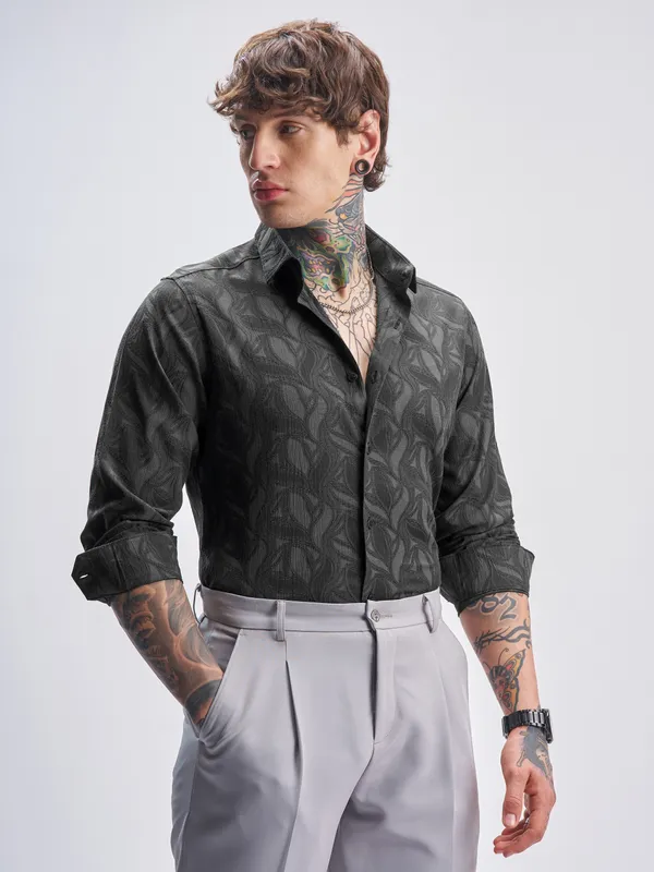 Highlander Men Grey Self Design Slim Fit Casual Shirt