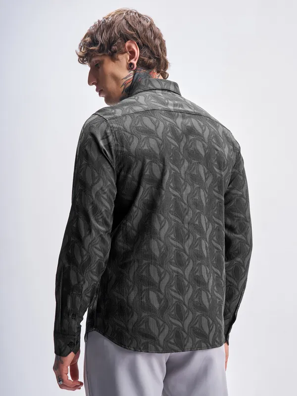 Highlander Men Grey Self Design Slim Fit Casual Shirt