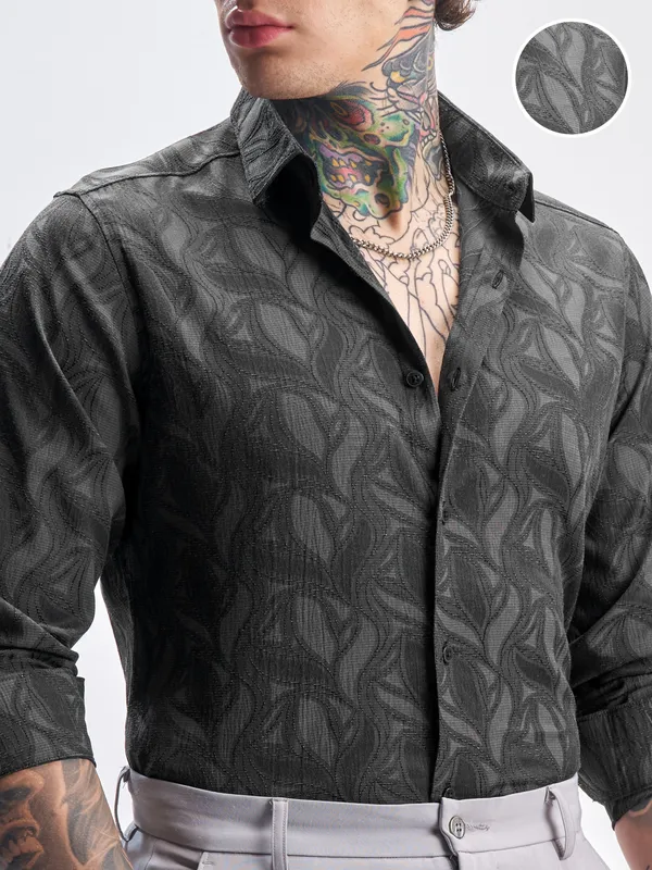 Highlander Men Grey Self Design Slim Fit Casual Shirt