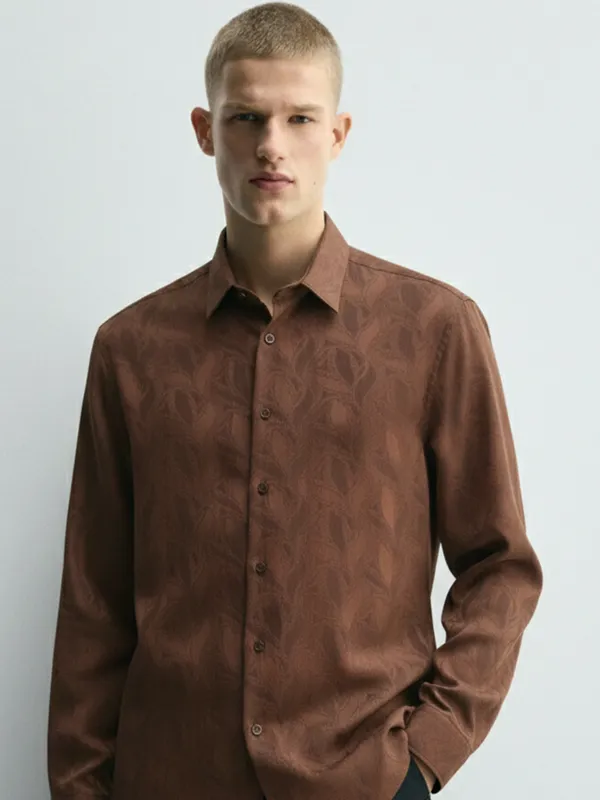 Highlander Men Rust Self Design Slim Fit Casual Shirt