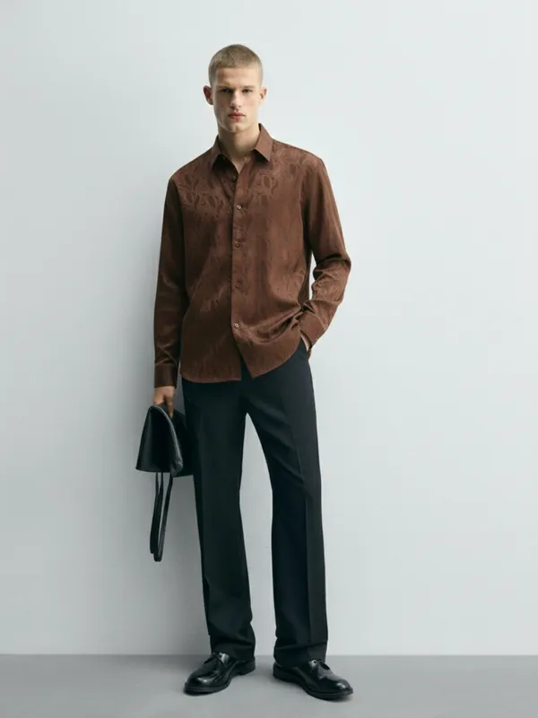 Highlander Men Rust Self Design Slim Fit Casual Shirt