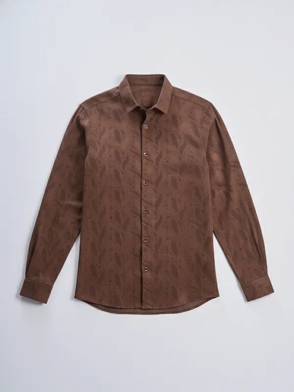 Highlander Men Rust Self Design Slim Fit Casual Shirt