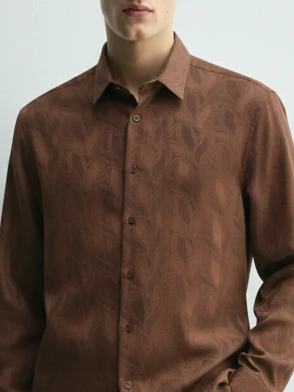 Highlander Men Rust Self Design Slim Fit Casual Shirt