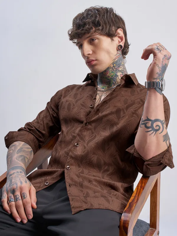 Highlander Men Rust Self Design Slim Fit Casual Shirt