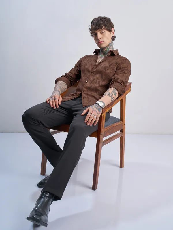 Highlander Men Rust Self Design Slim Fit Casual Shirt