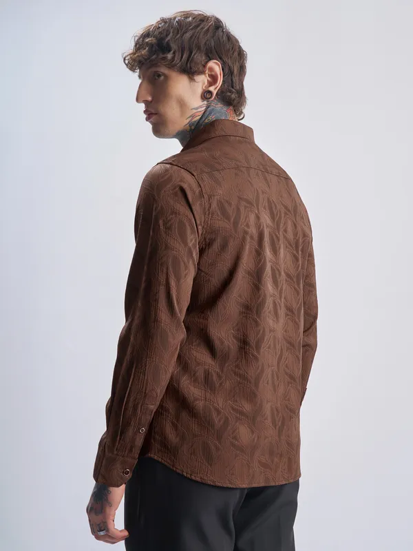 Highlander Men Rust Self Design Slim Fit Casual Shirt