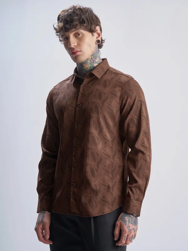 Highlander Men Rust Self Design Slim Fit Casual Shirt
