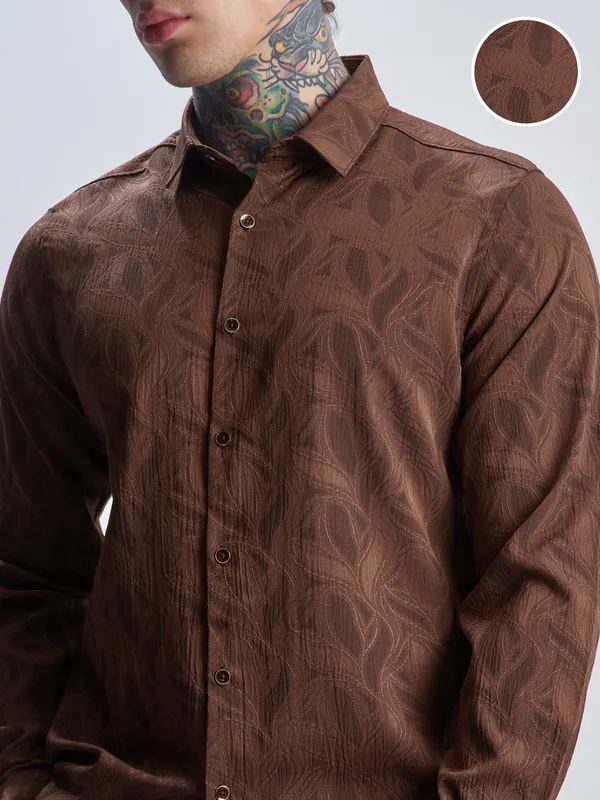 Highlander Men Rust Self Design Slim Fit Casual Shirt