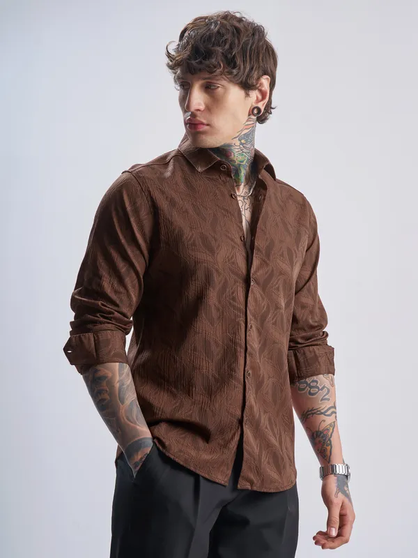 Highlander Men Rust Self Design Slim Fit Casual Shirt