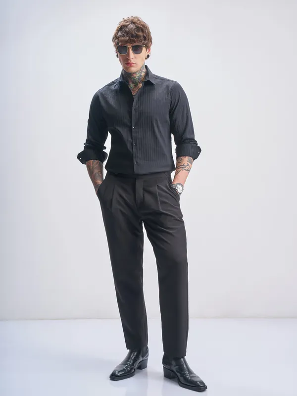 Highlander Men Black Self Design Slim Fit Casual Shirt