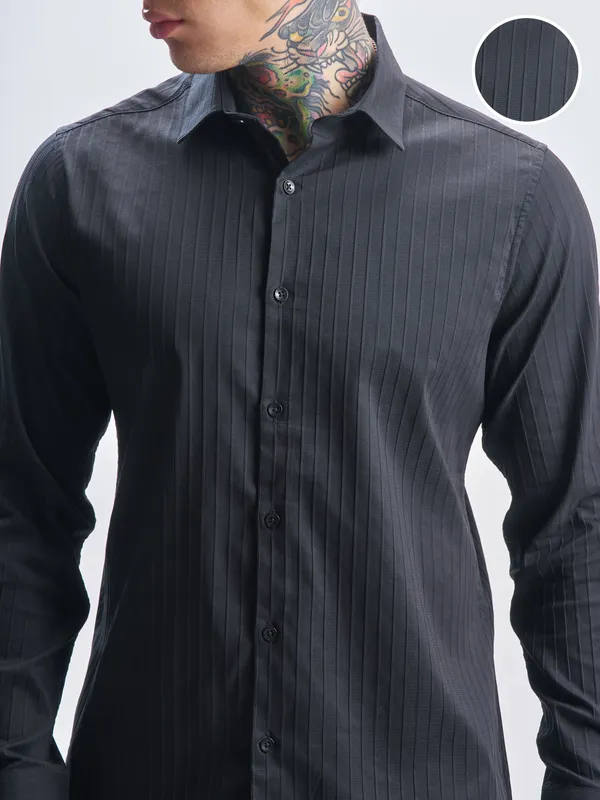 Highlander Men Black Self Design Slim Fit Casual Shirt