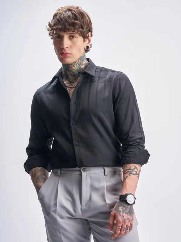 Highlander Men Black Self Design Slim Fit Casual Shirt