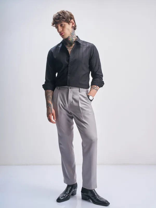 Highlander Men Black Self Design Slim Fit Casual Shirt